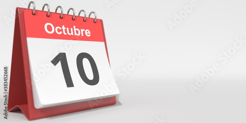 October 10 date written in Spanish on the flip calendar, 3d rendering