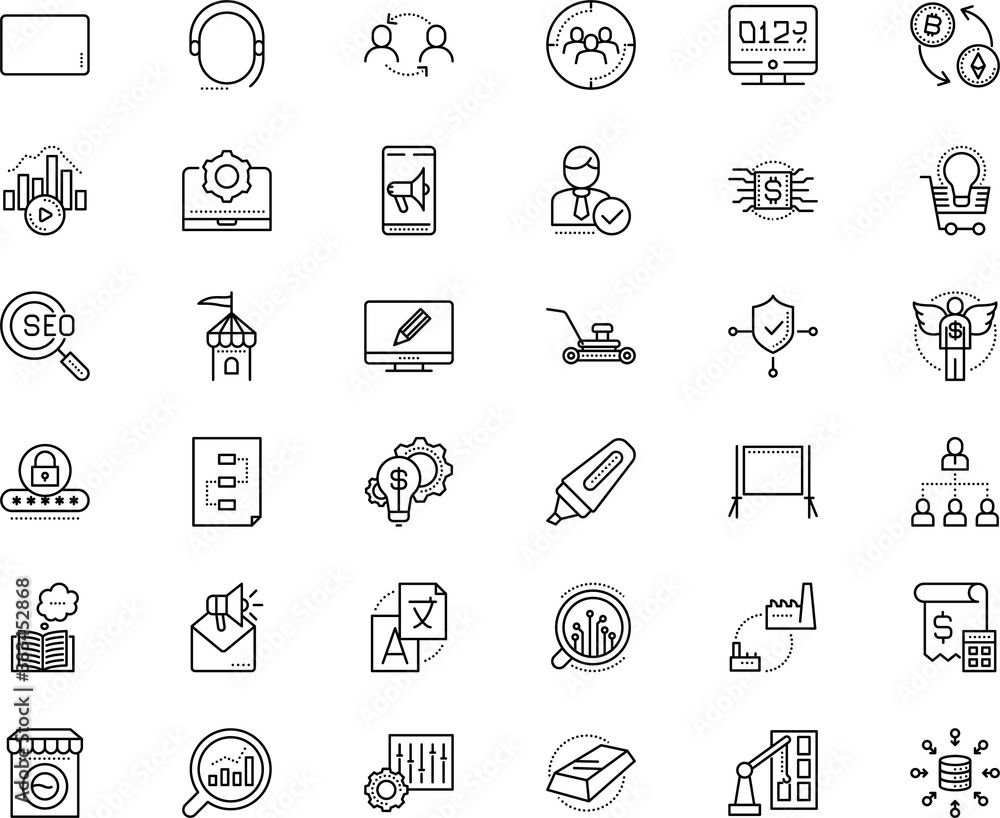 business vector icon set such as: buying, speaker, creativity, street, contour, pc, factory, dialog, linear, school, agency, lawn, pencil, castle, understand, construction, advertisement, secretary