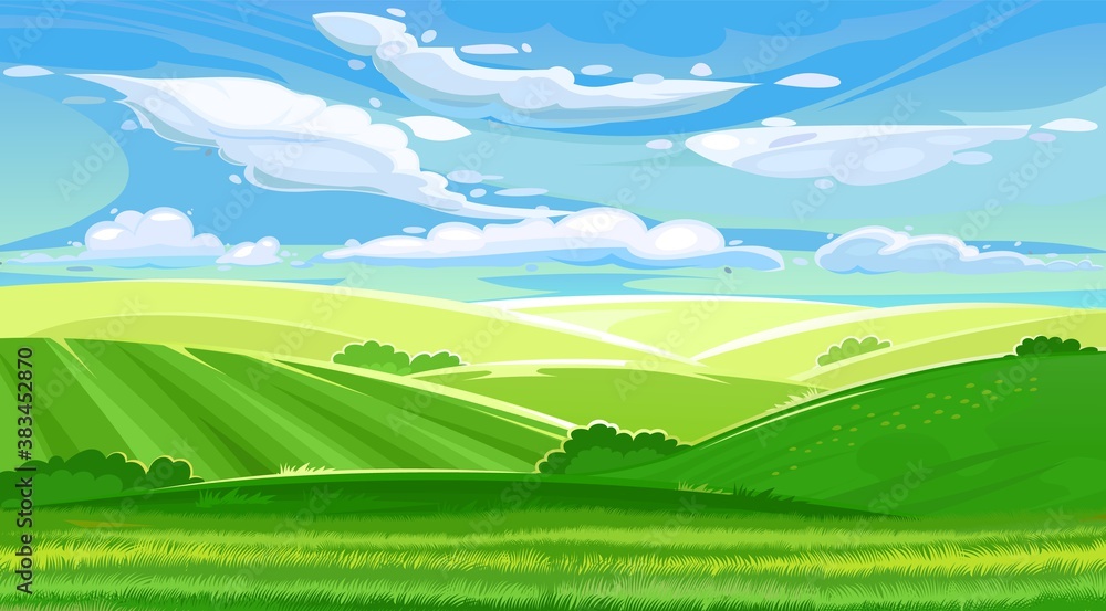 Rural hills. Scenery. Vector. Pasture grass for cows and a place for a vegetable garden and farm. Meadows and trees. Horizon. Beautiful view. Summer.