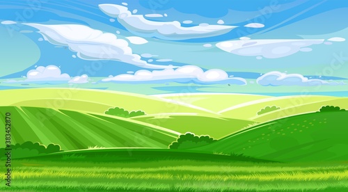 Rural hills. Scenery. Vector. Pasture grass for cows and a place for a vegetable garden and farm. Meadows and trees. Horizon. Beautiful view. Summer.