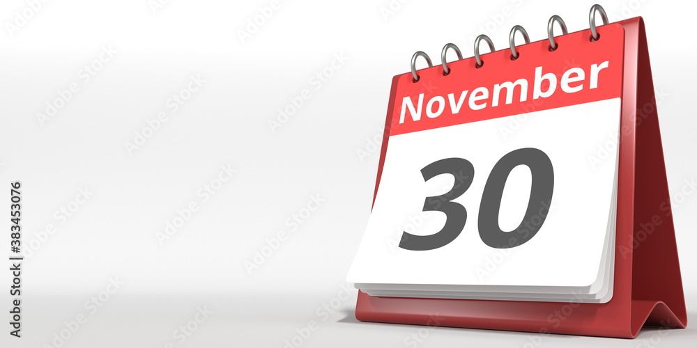 November 30 date on the flip calendar page, 3d rendering November 30 date on the flip calendar page, 3d rendering