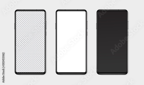 Realistic smartphone mockup set. Mobile phone blank, white, transparent screen design mock up. Isolated vector illustration