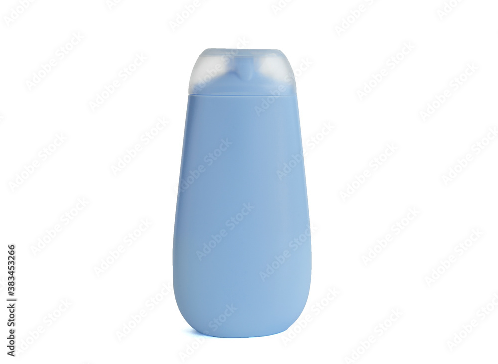Plastic blue bottle of shampoo isolated on white background. Natural cosmetic products Plastic blue bottle of shampoo isolated on white background. Natural cosmetic products