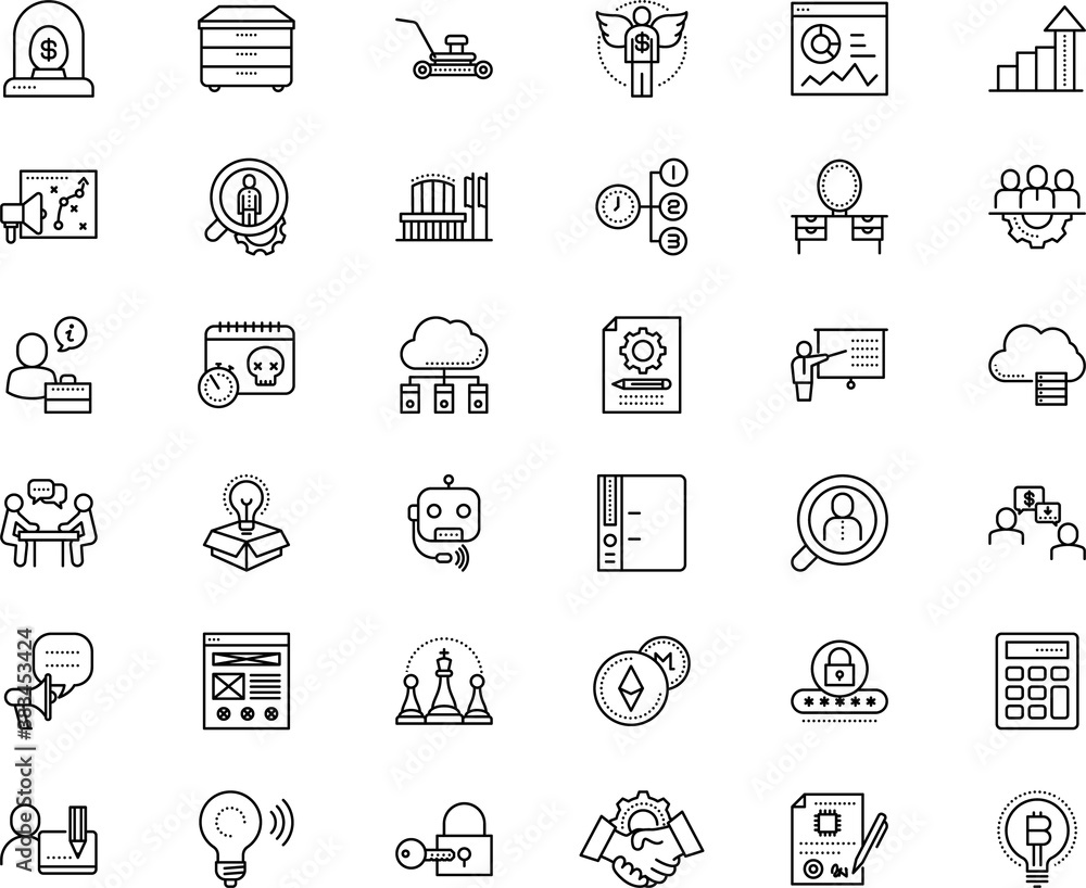 Fototapeta premium business vector icon set such as: bar, city, bubble, crypto currency, teach, bedroom, find, teacher, choice, appointment, talk, drawer unit, basket, wi-fi, tactic, row, date, creativity, system