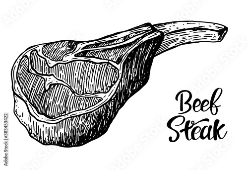 Beef, pork or lamb Red meat hand drawn sketch. Engraved raw food illustration. Butcher shop product. Prime rib steak vector illustration. Vintage style,can be used for logo, label, restaurant menu