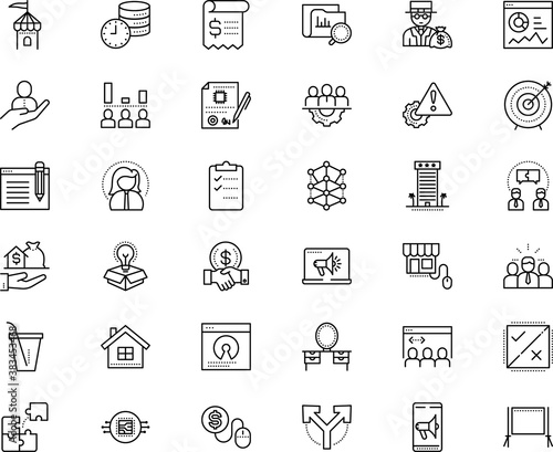 business vector icon set such as: housing, maintenance, refund, recession, mouse, manage, clipboard, site, badge, wealth, monitoring, bank, shake, resource, businesswoman, power, failure icon, sms