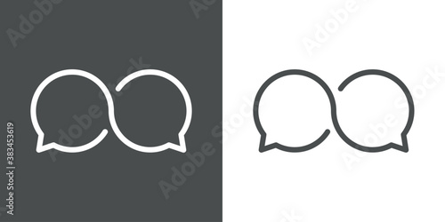 Concepto conversación. Logotipo lineal burbuja de habla como símbolo infinito en fondo gris y fondo blanco