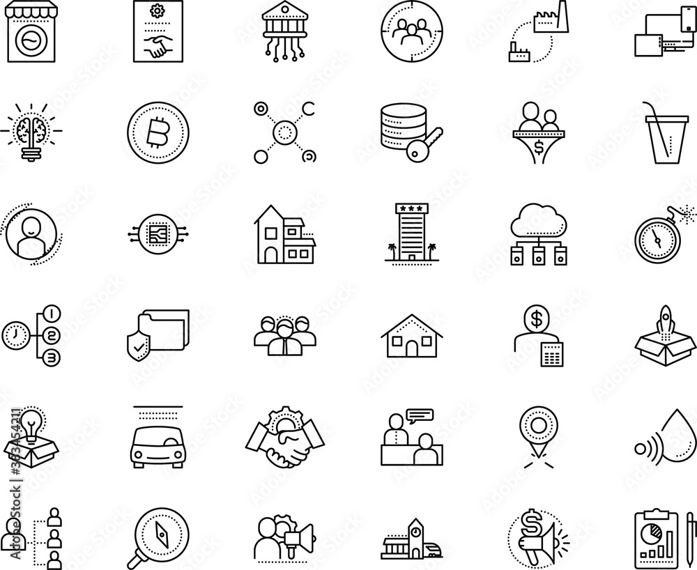 business vector icon set such as: mechanical, timetable, contour, delivery, alcohol, lock, supervisor, facade, sticker, search, networking, east, window, transportation, encryption, bright
