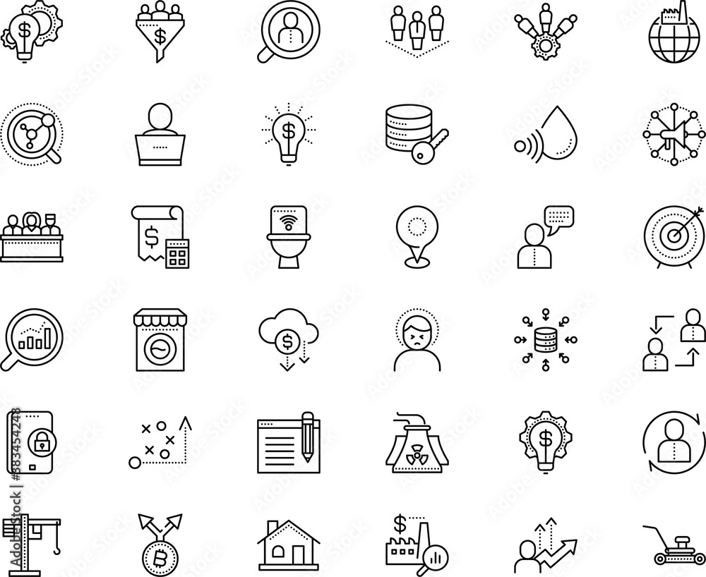 business vector icon set such as: megaphone, stroke, analytics, community, accurate, estate, smart toilet, stressed, justice, planet, label, meter, rain, copywriting, divide, sales, dart, lavatory