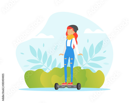 Teenage Boy and Girl Riding Gyro Board in Summer Park, Eco Electric Transport Concept Cartoon Vector Illustration