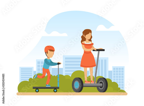 Mom and Her Son Riding Hoverboards in Summer Park, Eco Electric Transport Concept Cartoon Vector Illustration