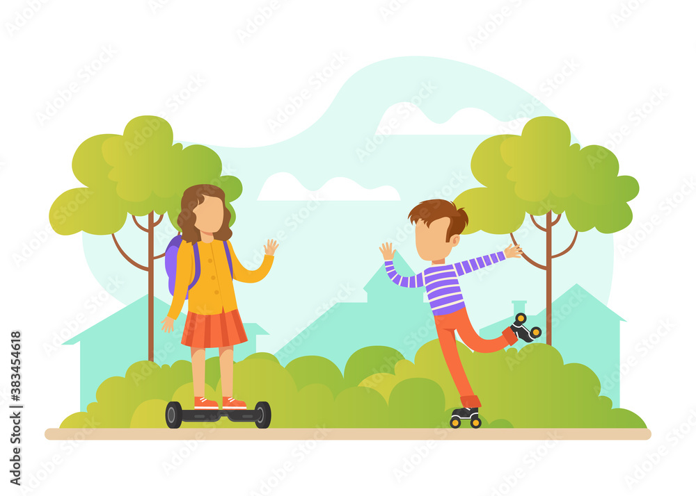 Children Activities in Park, Cute Girl Riding Gyro Board, Boy Roller Skating Outdoors Cartoon Vector Illustration