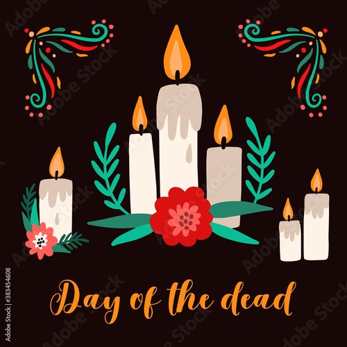 Day of the Dead traditional holiday card decorated with flowers and burning c...