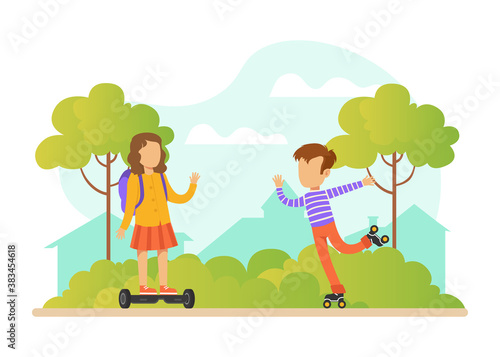 Children Activities in Park, Cute Girl Riding Gyro Board, Boy Roller Skating Outdoors Cartoon Vector Illustration