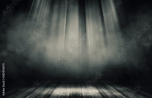 Empty space studio dark room of Wooden floor grunge texture background with spotlight.