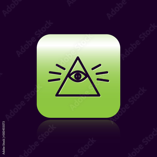 Black line Masons symbol All-seeing eye of God icon isolated on black background. The eye of Providence in the triangle. Green square button. Vector Illustration.
