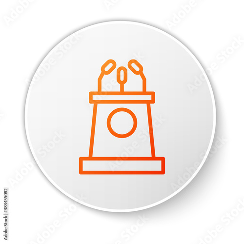 Orange line Stage stand or debate podium rostrum icon isolated on white background. Conference speech tribune. White circle button. Vector Illustration.