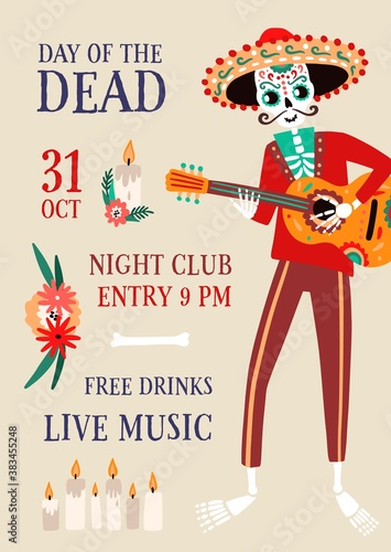 Invitation poster for Day of the Dead party with skeleton playing guitar in festival costume and sombrero. Advertising placard for Dia de Los Muertos party. Flat vector cartoon illustration