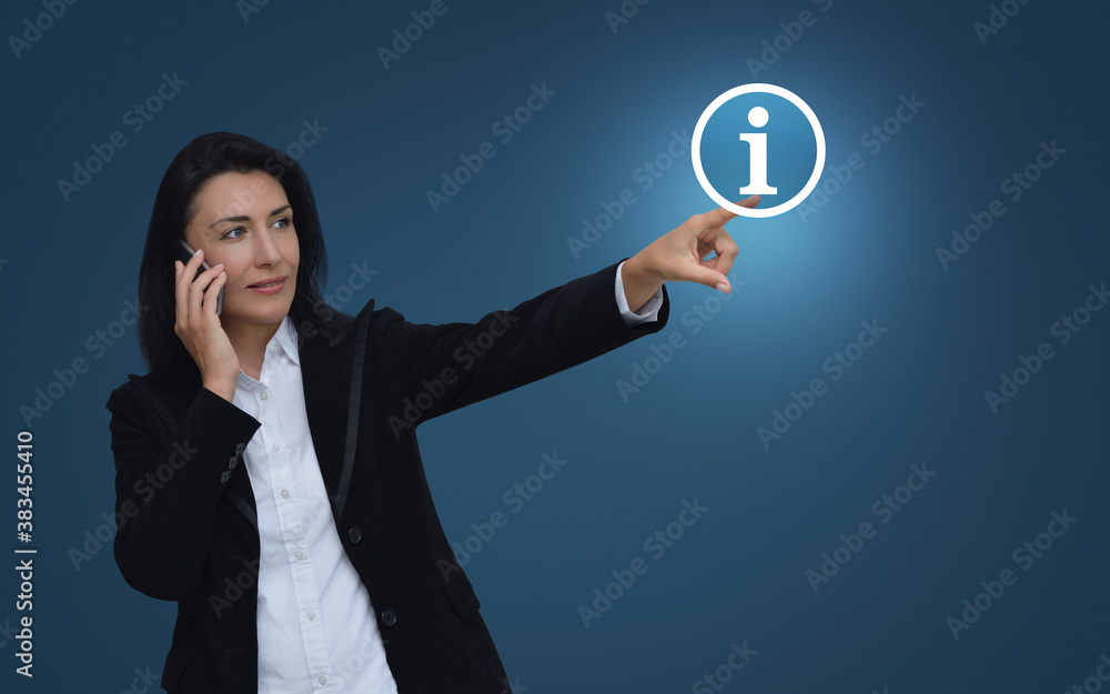 Caucasian businesswoman talking on her cell phone and pointing to information sign flat icon over gradient light blue background, Business customer service and support online concept Caucasian businesswoman talking on her cell phone and pointing to information sign flat icon over gradient light blue background, Business customer service and support online concept