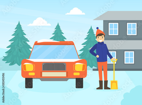 Man Cleaning His Car out of Snow, Winter Outdoor Activity Concept Vector Illustration