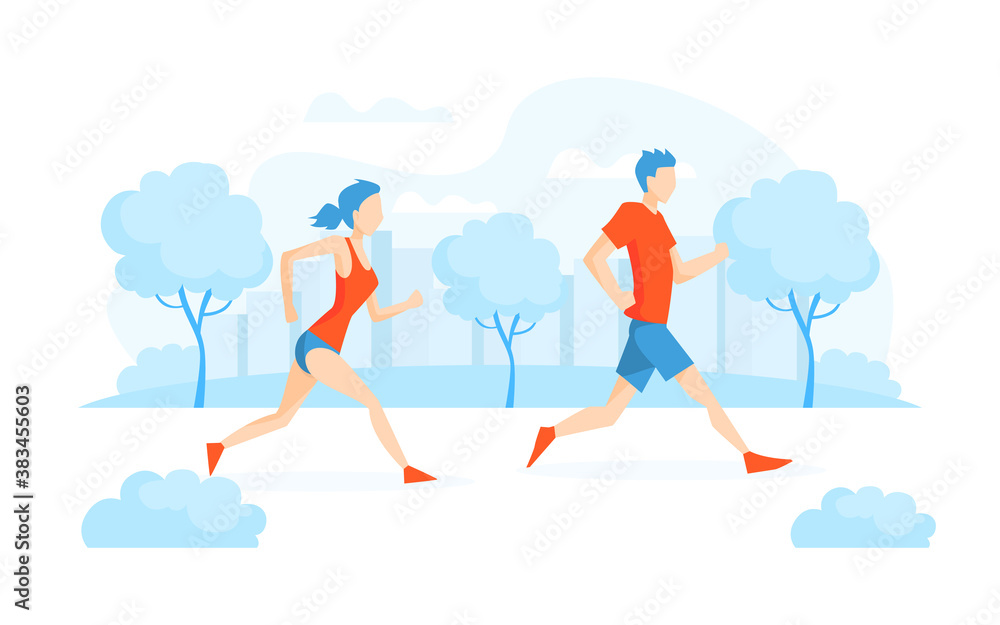 Young Woman Jogging or Running in Park, People Dressed in Sportswear Taking Part in Sports Competition, Outdoor Morning Workout, Healthy Active Lifestyle Vector Illustration
