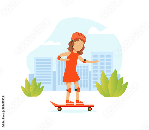 Cute Girl Riding Skateboard on City Street, Outdoor Morning Workout Vector Illustration