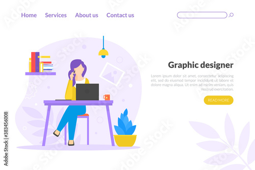 Graphic Designer Landing Page Template, Woman Freelancer Working Online, Website Development, Professional Branding Vector Illustration