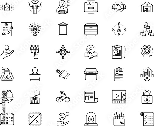 business vector icon set such as: signature, workplace, handle, studio, radioactive, e-learning, cycle, round, drawer unit, logic, school, landing, bulb, problem, usability, community, transport