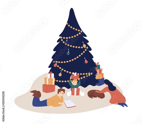 Happy family spending time together at Xmas eve vector flat illustration. Mother, father, son and dog enjoying winter season holiday atmosphere near Christmas tree isolated on white photo