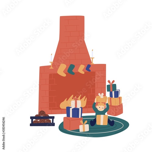 Cute boy open gift box at cozy home Christmas atmosphere vector flat illustra...