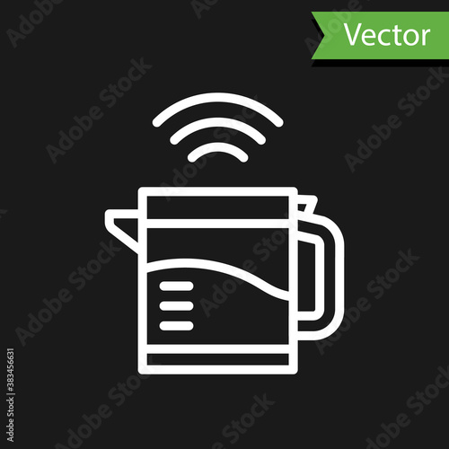 White line Smart electric kettle system icon isolated on black background. Teapot icon. Internet of things concept with wireless connection. Vector.