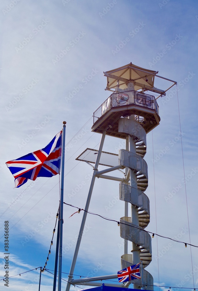 Zipwire with a Union Jack flagging in the wind