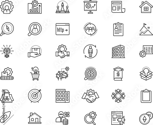 business vector icon set such as: promo, achievement, preferences, label, scientist, graph, development, station, efficacy, metal, press, data, receive, article, achieving, glowing, permanent, news