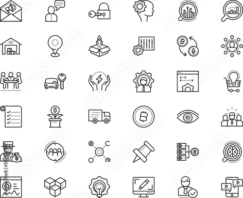 business vector icon set such as: lock, card, simple, shipment, safe, equalizer, user, location, note, letter, bit, map, food, renting, target, storehouse, growing, bankrupt, examination, consulting