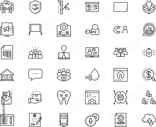 business vector icon set such as: e-learning, announce, exit, colleague, calculation, engage, cogwheel, programmer, take, teaching, open source, chatting, male, artificial intelligence, portable