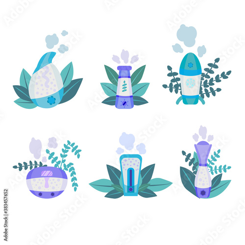 Set of 6 Home humidifier for room.Healthy humidifiers vector icons for web design isolated  a white background.Concept of an air purifier device surrounded by leaves.Vector illustration in flat style photo