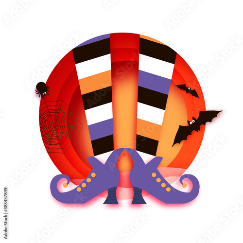 Happy Halloween party. Mystical night with bat, spider witch shoes. Trick or treat. Skeleton. Space for text. Paper craft art .