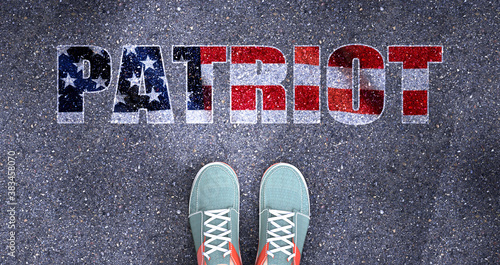 Patriot and politics in the USA, symbolized as a person standing in front of the phrase Patriot  Patriot is related to politics and each person's choice, 3d illustration photo