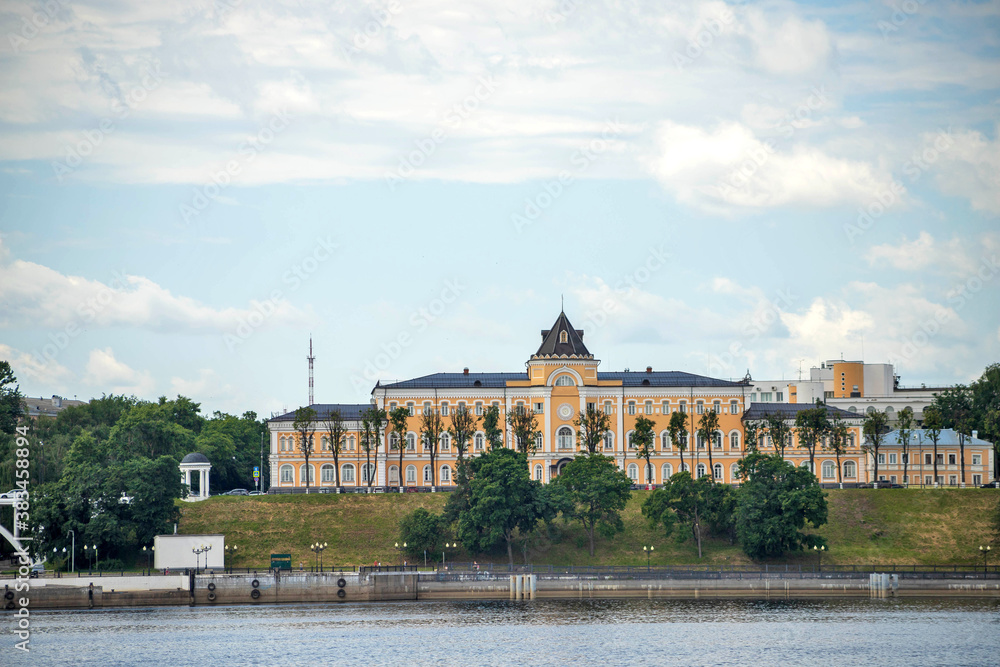 Yaroslavl. Volga embankment, the view from the river. Historical buildings, the building of the school for girls of spiritual rank.