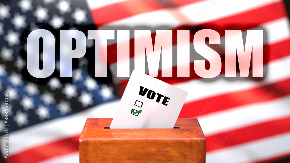 Fototapeta premium Optimism and voting in the USA, pictured as ballot box with American flag in the background and a phrase Optimism to symbolize that Optimism is related to the elections, 3d illustration