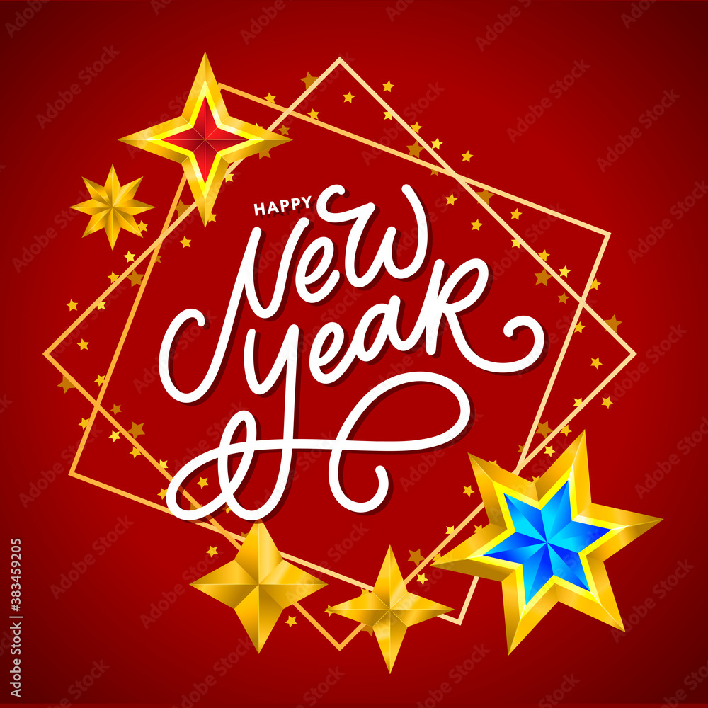 Happy New Year 2020. Lettering Composition With Stars And Sparkles. Holiday Vector Illustration frame