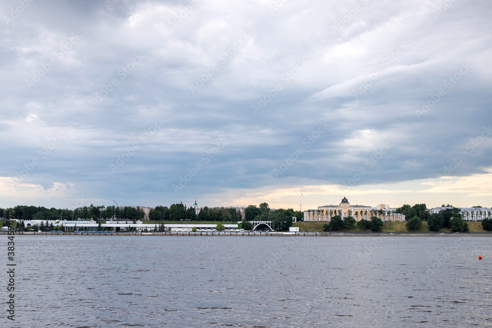 Yaroslavl. Volga embankment, the view from the river. Historical buildings, the building of the school for girls of spiritual rank. Yaroslavl. Volga embankment, the view from the river. Historical buildings, the building of the school for girls of spiritual rank.