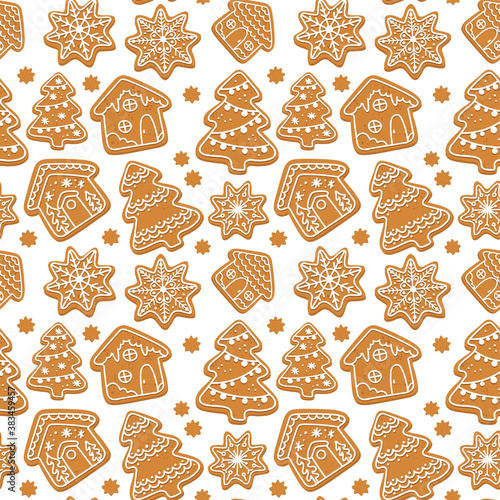 Vector christmas decorated ginger cookies, gingerbread with icing. Christmas tree, snowflake, snowy houses. Seamless pattern on white background