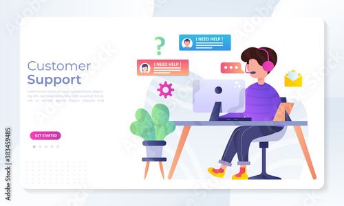 Customer Support concept design, Operator with headset doing live feedback, hotline operator advises client, Suitable for web landing page, ui, mobile app, banner template. Vector Illustration