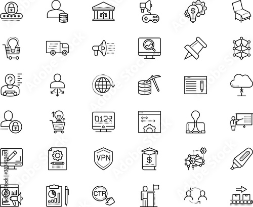 business vector icon set such as: manufacture, blog, emblem, tablet, decline, audit, interaction, laptop, employee, linear, victory, orange, gamer, shopping, electricity, mountain, challenge