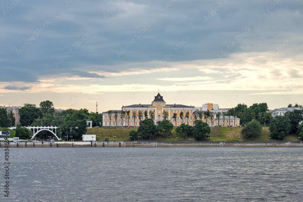 Yaroslavl. Volga embankment, the view from the river. Historical buildings, the building of the school for girls of spiritual rank. Yaroslavl. Volga embankment, the view from the river. Historical buildings, the building of the school for girls of spiritual rank.