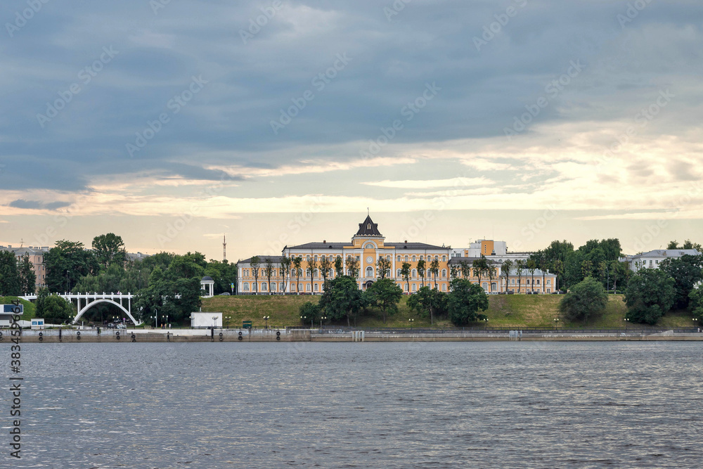 Yaroslavl. Volga embankment, the view from the river. Historical buildings, the building of the school for girls of spiritual rank.