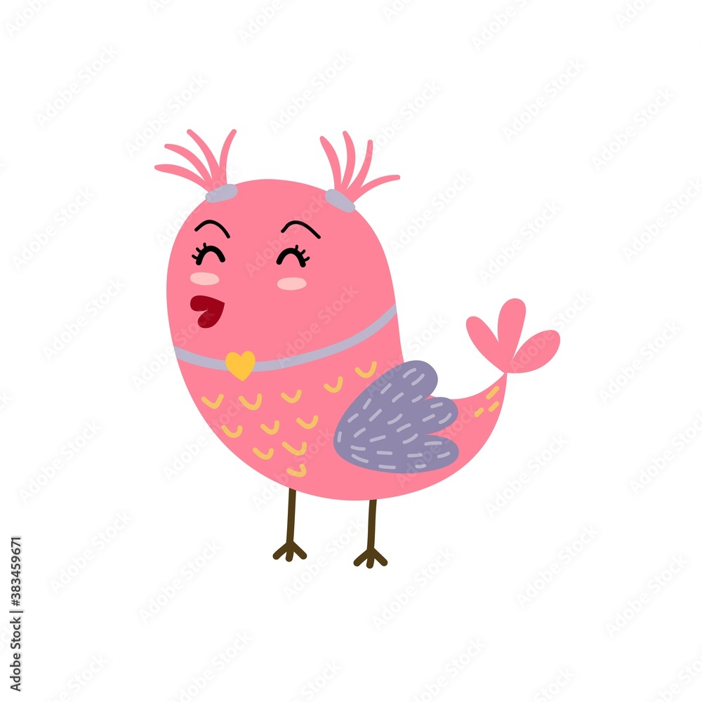 Cute girly bird with ponytails. Pink bird character in cartoon style