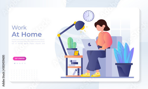 Working from home at relaxed place, freelancer working on computer at home, coworking space, part time outsources, remote job, Suitable for web landing page, ui, mobile app, banner template.