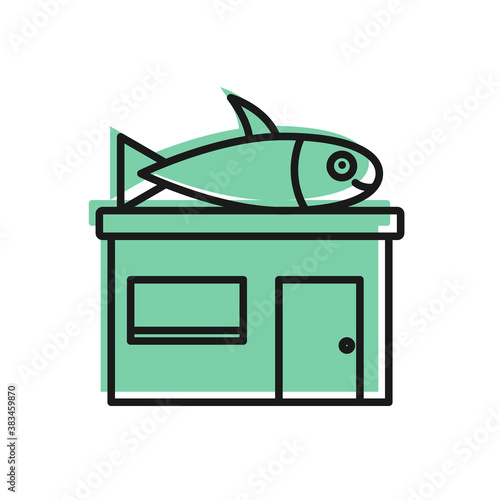 Black line Seafood store icon isolated on white background. Facade of seafood market. Vector..